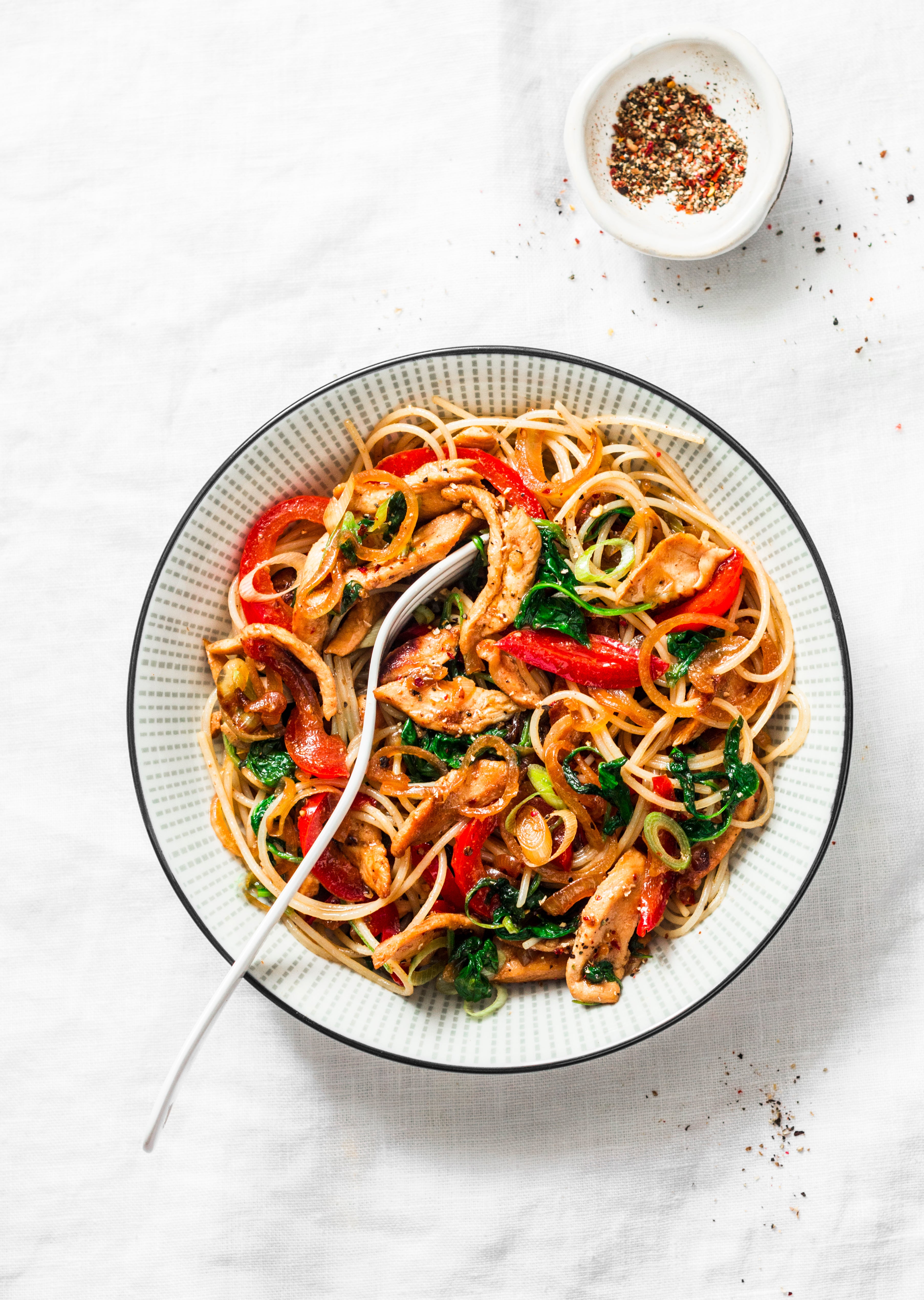Chicken and Basil Spaghetti in Tom Yum Sauce