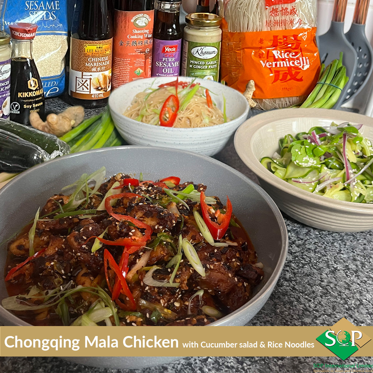 Chongqing Mala Chicken with Cucumber Salad and Rice Noodles